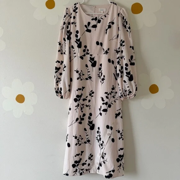 EUC Bohme Hadlee Cream and Black Floral Long Balloon Sleeve Midi Dress - Picture 4 of 12